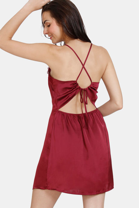 Zivame Paradise Garden Woven Above Knee Length Nightdress - Beet Red — image 3